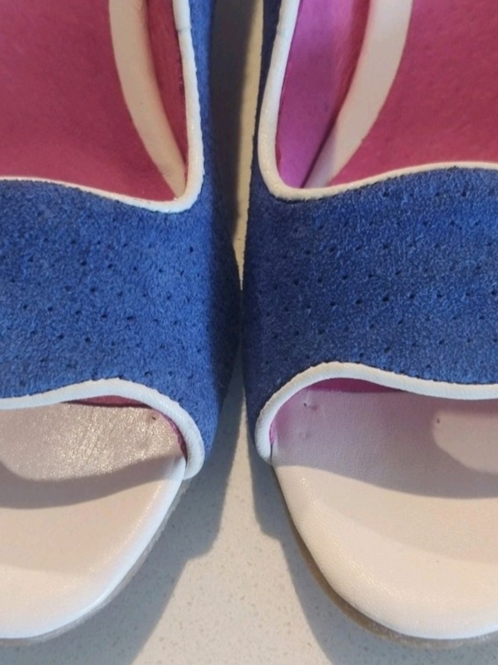 Chanii B Womens 38/7-7.5 Two Tone Blue and Pink Open Toe Suede Leather Heels - Picture 13 of 16